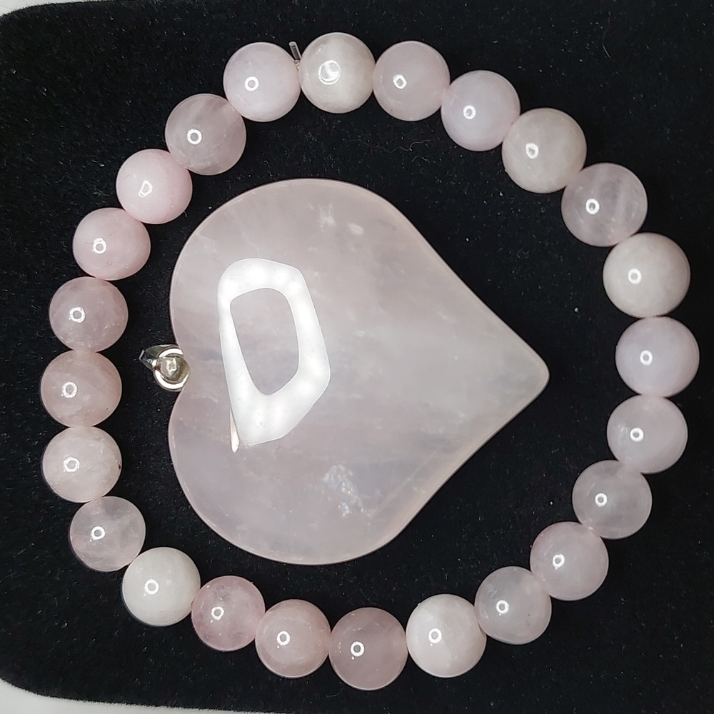 Rose Quartz stone Heart Pendant and Rose Quartz stone 8mm bead bundle #1 - Picture 3 of 7